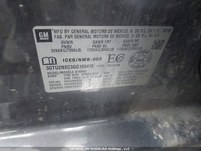 Aukcja sprzedaży 2016 Gmc Sierra K1500 Slt, vin: 3GTU2NEC3GG169415, numer aukcji: 12672678