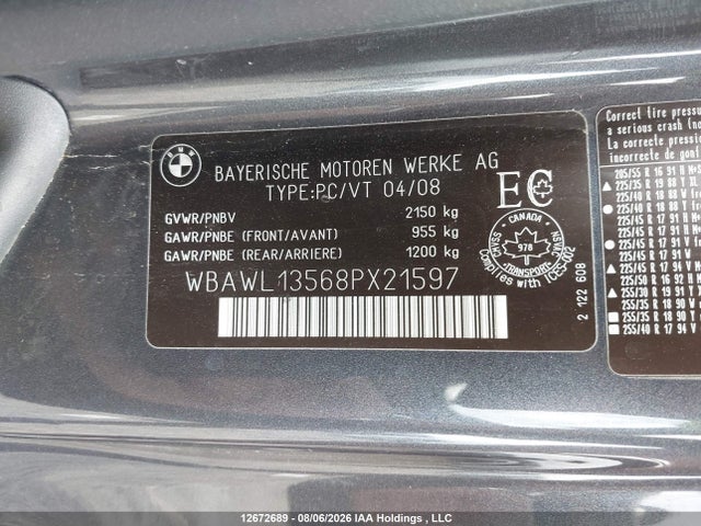 12672689 :رقم المزاد ، WBAWL13568PX21597 vin ، 2008 Bmw 328 I مزاد بيع