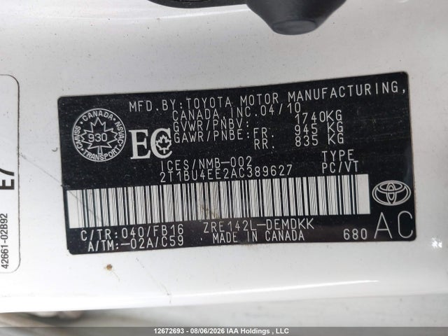 Auction sale of the 2010 Toyota Corolla S/le/xle, vin: 2T1BU4EE2AC389627, lot number: 12672693
