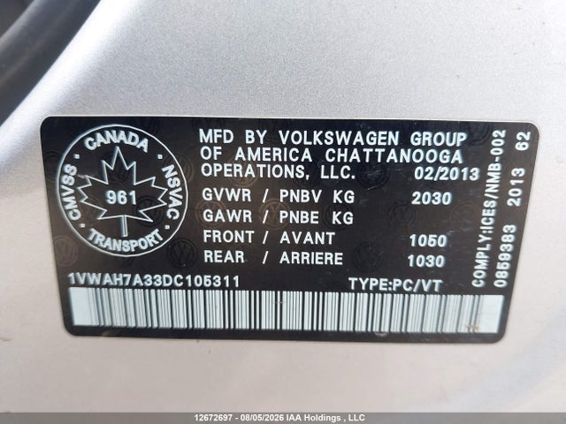 12672697 :رقم المزاد ، 1VWAH7A33DC105311 vin ، 2013 Volkswagen Passat S مزاد بيع