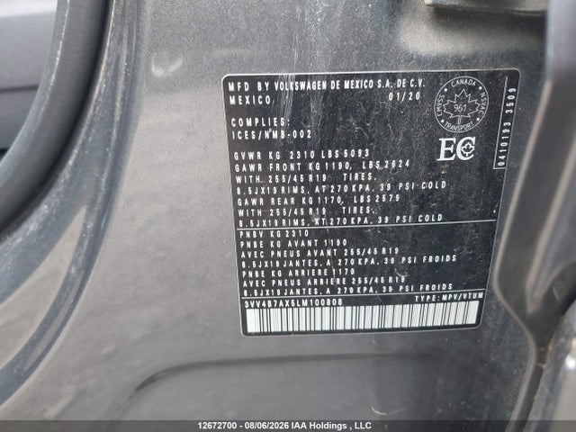 Aukcja sprzedaży 2020 Volkswagen Tiguan, vin: 3VV4B7AX5LM100808, numer aukcji: 12672700