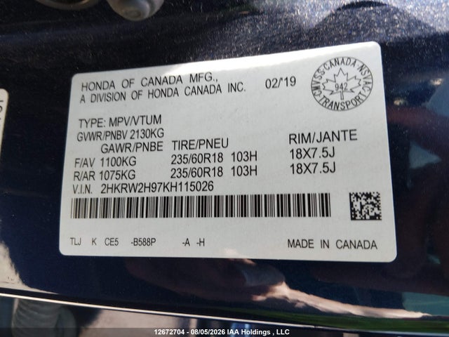 Honda Cr-v Touring 2019 2HKRW2H97KH115026 Image 9