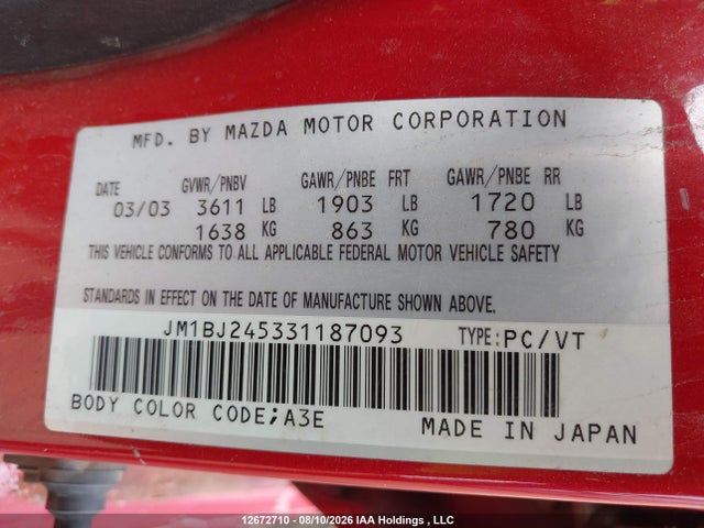 12672710 :رقم المزاد ، JM1BJ245331187093 vin ، 2003 Mazda Protege5 Es مزاد بيع