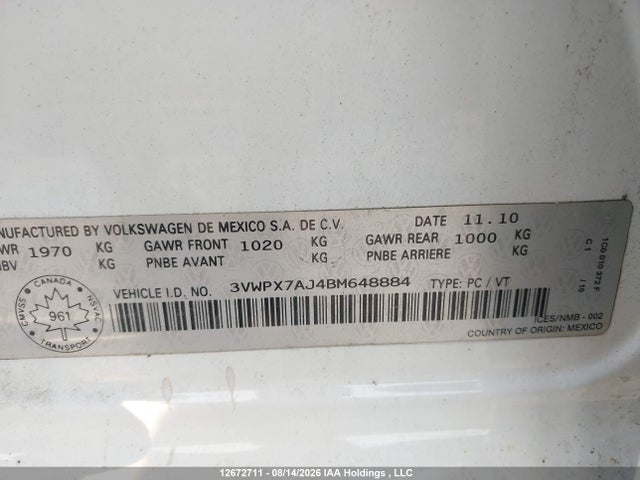 Aukcja sprzedaży 2011 Volkswagen Golf 2.5l Comfortline/2.5l Trendline, vin: 3VWPX7AJ4BM648884, numer aukcji: 12672711