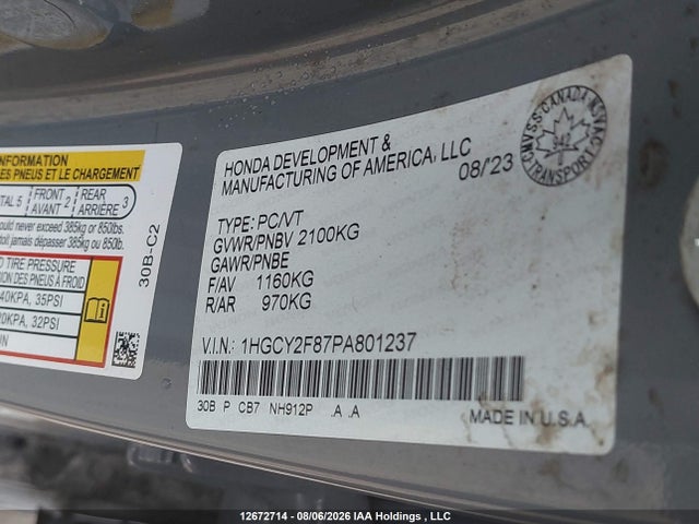 Продаж на аукціоні авто 2023 Honda Accord Hybrid Touring, vin: 1HGCY2F87PA801237, номер лоту: 12672714