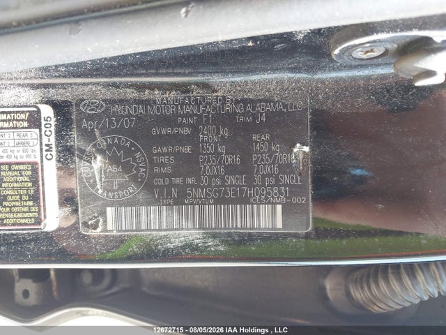 Продаж на аукціоні авто 2007 Hyundai Santa Fe Gl, vin: 5NMSG73E17H095831, номер лоту: 12672715