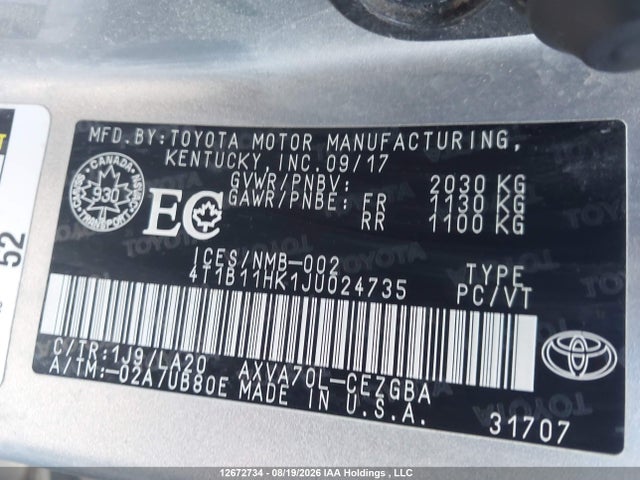 Auction sale of the 2018 Toyota Camry L/le/xle/se/xse, vin: 4T1B11HK1JU024735, lot number: 12672734