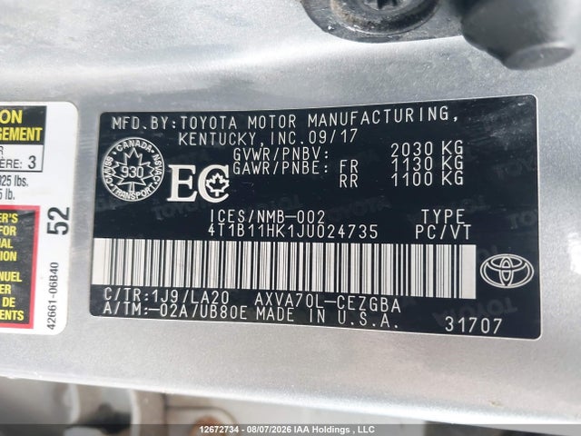 Auction sale of the 2018 Toyota Camry L/le/xle/se/xse, vin: 4T1B11HK1JU024735, lot number: 12672734