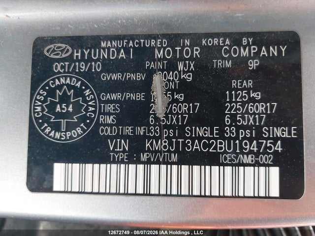 12672749 :رقم المزاد ، KM8JT3AC2BU194754 vin ، 2011 Hyundai Tucson مزاد بيع