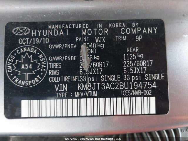 12672749 :رقم المزاد ، KM8JT3AC2BU194754 vin ، 2011 Hyundai Tucson مزاد بيع