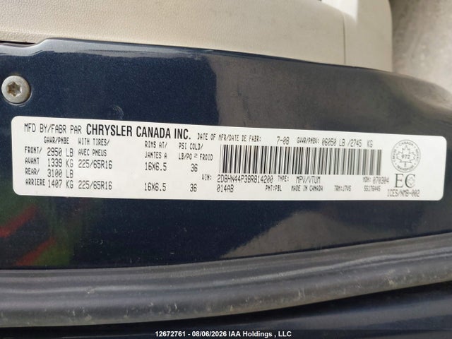 12672761 :رقم المزاد ، 2D8HN44P38R814200 vin ، 2008 Dodge Grand Caravan Se مزاد بيع