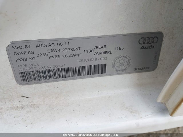 Продажа на аукционе авто 2012 Audi A4 2.0t, vin: WAUBFCFLXCN000201, номер лота: 12672762