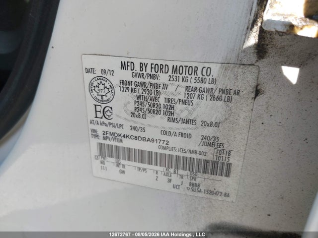 12672767 :رقم المزاد ، 2FMDK4KC8DBA91772 vin ، 2013 Ford Edge Limited مزاد بيع