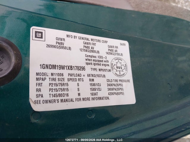 12672771 :رقم المزاد ، 1GNDM19W1XB178296 vin ، 1999 Chevrolet Astro مزاد بيع
