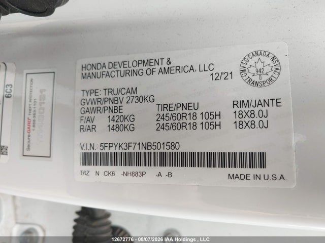 5FPYK3F71NB501580 Honda Ridgeline Rtl