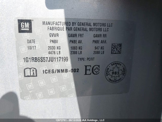 2018 Chevrolet Volt Premier მანქანა იყიდება აუქციონზე, vin: 1G1RB6S57JU117199, აუქციონის ნომერი: 12672781