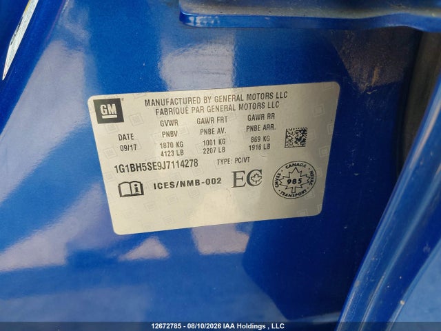 Продаж на аукціоні авто 2018 Chevrolet Cruze Lt, vin: 1G1BH5SE9J7114278, номер лоту: 12672785