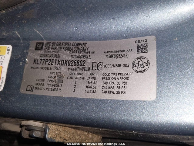 Aukcja sprzedaży 2013 Chevrolet Orlando 1lt/2lt, vin: KL77P2ETXDK026802, numer aukcji: 12633665