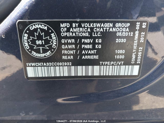 2012 Volkswagen Passat 2.5l Highline მანქანა იყიდება აუქციონზე, vin: 1VWCH7A32CC092932, აუქციონის ნომერი: 12644271