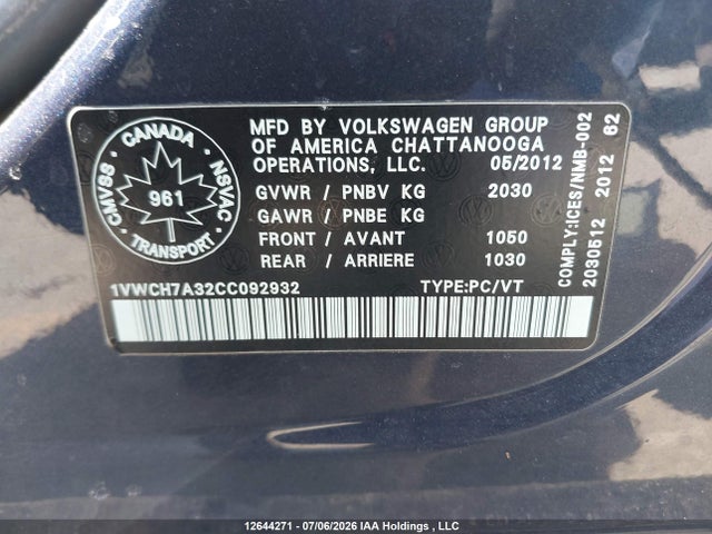 2012 Volkswagen Passat 2.5l Highline მანქანა იყიდება აუქციონზე, vin: 1VWCH7A32CC092932, აუქციონის ნომერი: 12644271