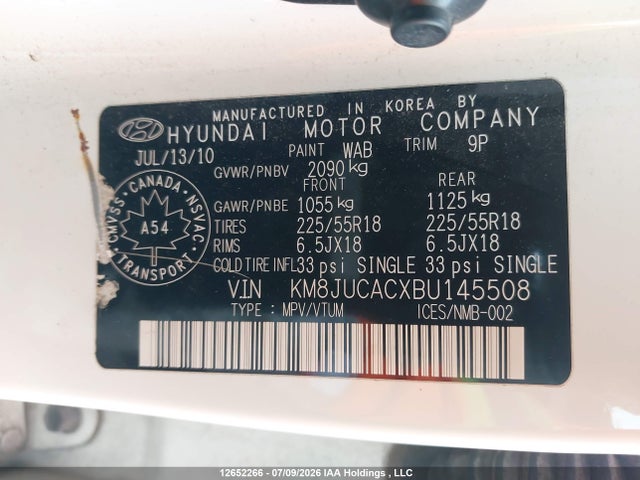 12652266 :رقم المزاد ، KM8JUCACXBU145508 vin ، 2011 Hyundai Tucson Limited مزاد بيع