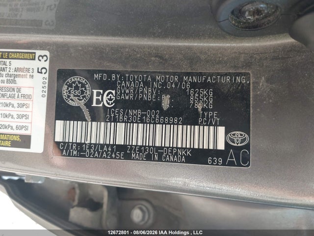 12672801 :رقم المزاد ، 2T1BR30E16C668982 vin ، 2006 Toyota Corolla مزاد بيع