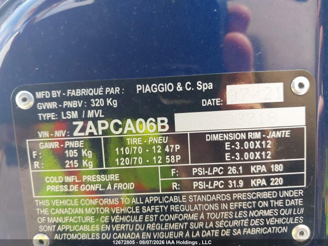 Продаж на аукціоні авто 2022 Vespa Primavera/sprint 50, vin: ZAPCA06B7N5103718, номер лоту: 12672805