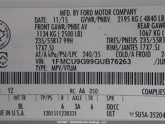 Продажа на аукционе авто 2016 Ford Escape Se, vin: 1FMCU9G99GUB76263, номер лота: 12672807