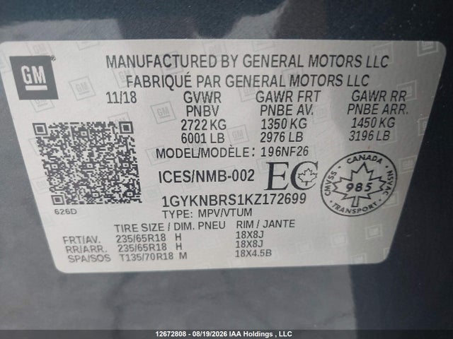 Продажа на аукционе авто 2019 Cadillac Xt5, vin: 1GYKNBRS1KZ172699, номер лота: 12672808