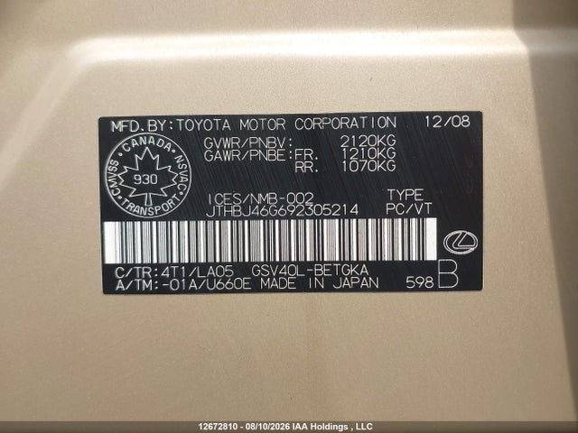 Продажа на аукционе авто 2009 Lexus Es 350 350, vin: JTHBJ46G692305214, номер лота: 12672810