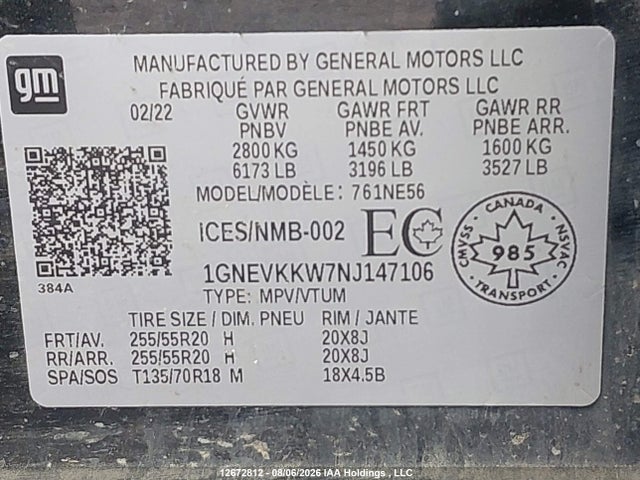 Продаж на аукціоні авто 2022 Chevrolet Traverse Premier, vin: 1GNEVKKW7NJ147106, номер лоту: 12672812