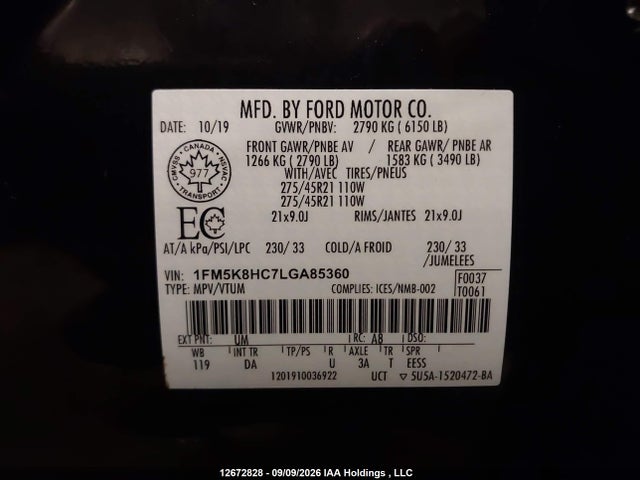 Продаж на аукціоні авто 2020 Ford Explorer Platinum, vin: 1FM5K8HC7LGA85360, номер лоту: 12672828