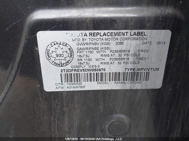 Aukcja sprzedaży 2013 Toyota Rav4, vin: 2T3DFREV5DW050970, numer aukcji: 12672839
