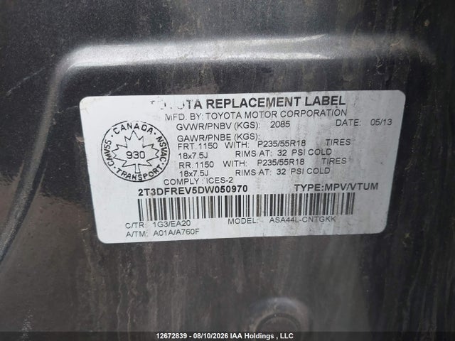 Aukcja sprzedaży 2013 Toyota Rav4, vin: 2T3DFREV5DW050970, numer aukcji: 12672839