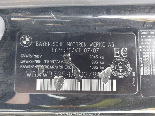 Продажа на аукционе авто 2007 Bmw 335 I, vin: WBAWB73597P037941, номер лота: 12672842