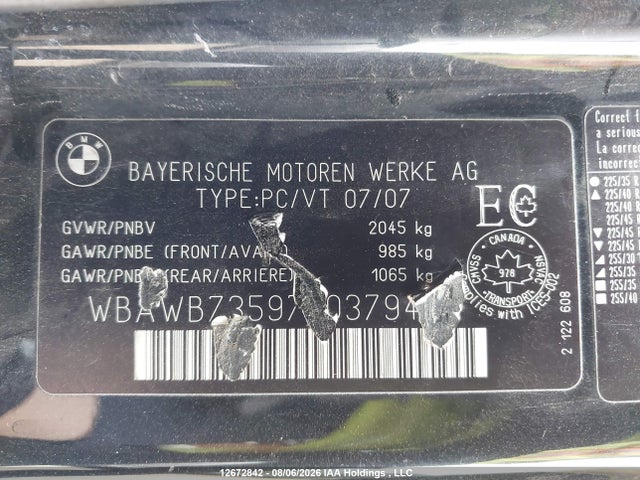 Продажа на аукционе авто 2007 Bmw 335 I, vin: WBAWB73597P037941, номер лота: 12672842