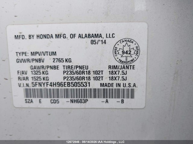 Honda Pilot Touring 2014 5FNYF4H96EB505531 Image 19