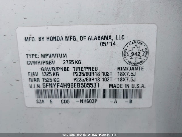 Honda Pilot Touring 2014 5FNYF4H96EB505531 Image 9