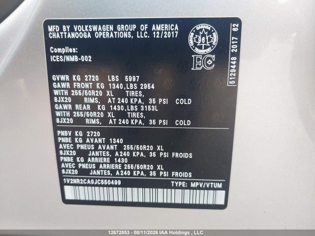 1V2NR2CA0JC550499 Volkswagen Atlas Sel Premium