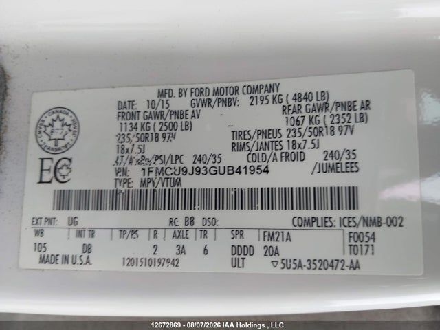 2016 Ford Escape Titanium მანქანა იყიდება აუქციონზე, vin: 1FMCU9J93GUB41954, აუქციონის ნომერი: 12672869
