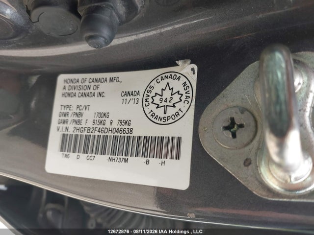 Продажа на аукционе авто 2013 Honda Civic Lx, vin: 2HGFB2F46DH046638, номер лота: 12672876
