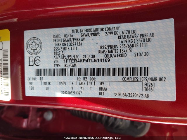 Aukcja sprzedaży 2026 Ford Ranger Lariat, vin: 1FTER4KP4TLE14169, numer aukcji: 12672892