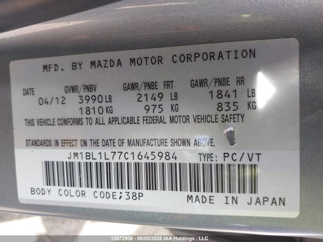 Aukcja sprzedaży 2012 Mazda Mazda3 Gs-sky, vin: JM1BL1L77C1645984, numer aukcji: 12672906