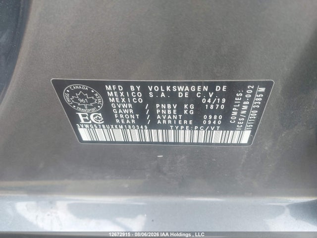3VWG57BUXKM180349 Volkswagen Jetta 1.4 Tsi Execline