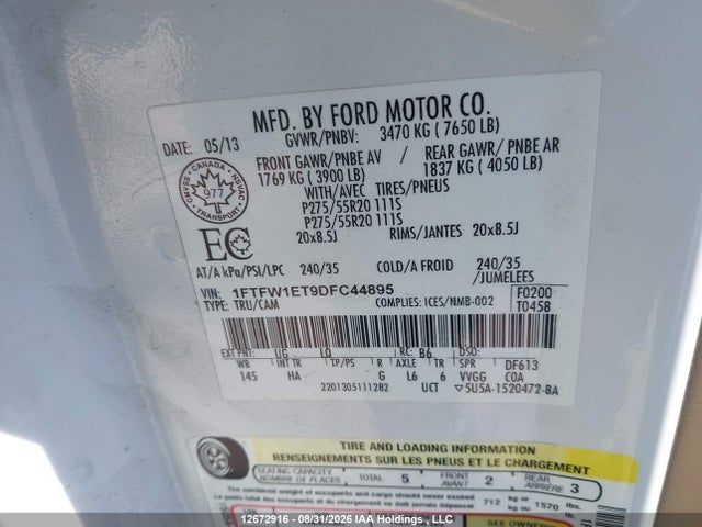 Продаж на аукціоні авто 2013 Ford F-150 Lariat, vin: 1FTFW1ET9DFC44895, номер лоту: 12672916