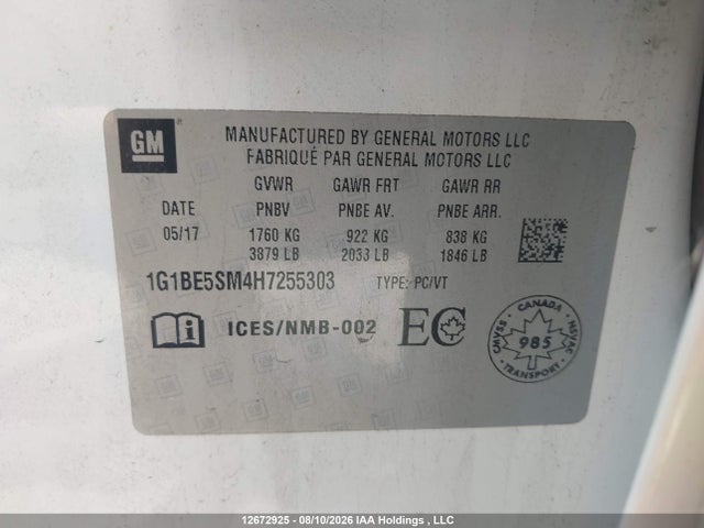 2017 Chevrolet Cruze მანქანა იყიდება აუქციონზე, vin: 1G1BE5SM4H7255303, აუქციონის ნომერი: 12672925