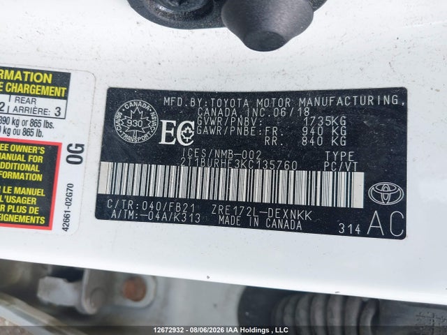 Auction sale of the 2019 Toyota Corolla L/le/xle/se/xse, vin: 2T1BURHE3KC135760, lot number: 12672932