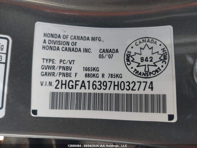 12668464 :رقم المزاد ، 2HGFA16397H032774 vin ، 2007 Honda Civic Dx-g مزاد بيع