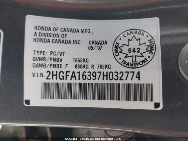 12668464 :رقم المزاد ، 2HGFA16397H032774 vin ، 2007 Honda Civic Dx-g مزاد بيع