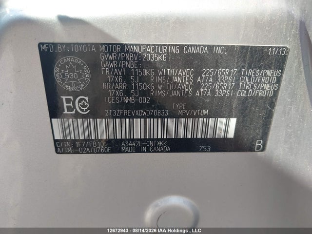 Aukcja sprzedaży 2013 Toyota Rav4 Le, vin: 2T3ZFREVXDW070833, numer aukcji: 12672943